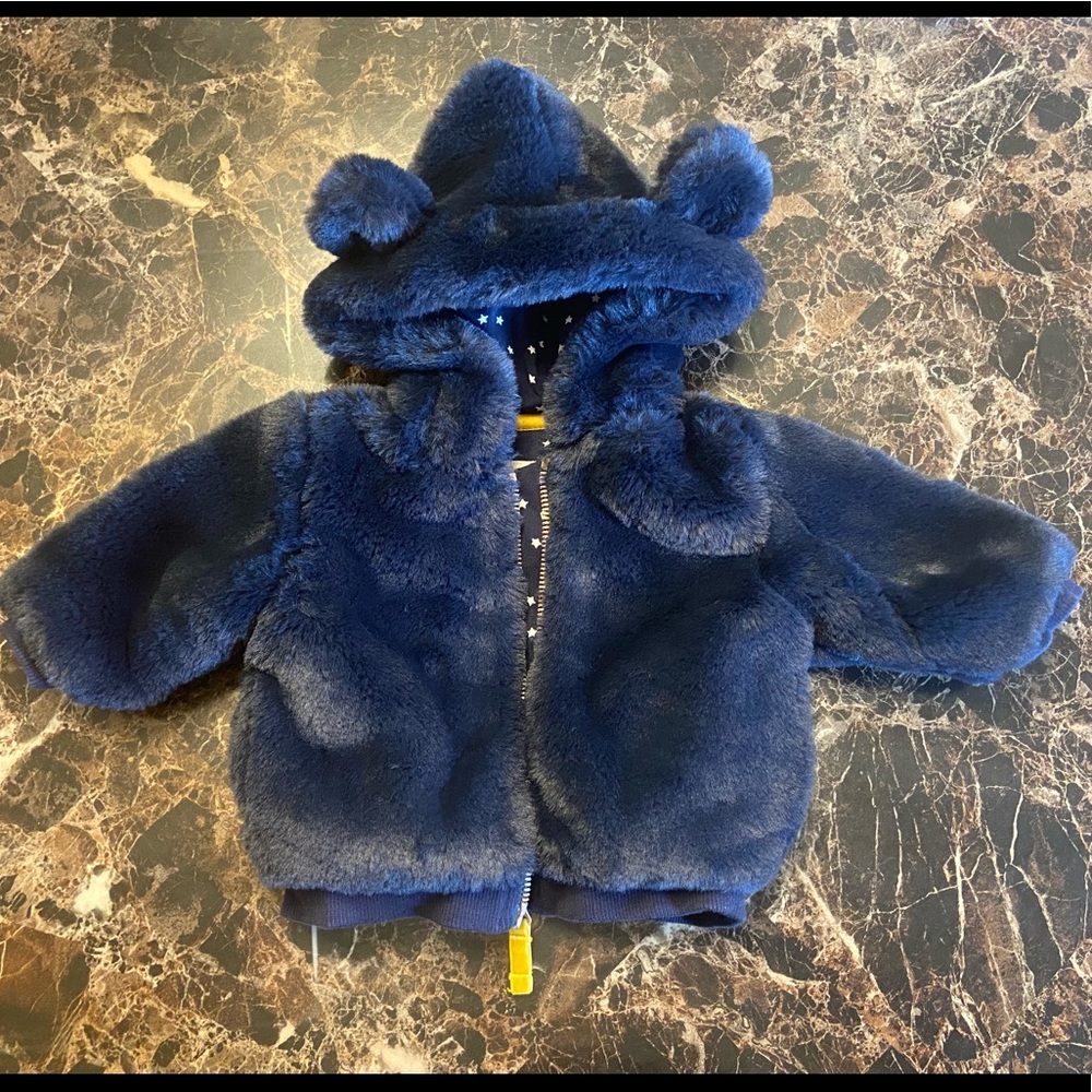 Mini Boden Navy Faux Fur Baby 0-3 Months Coat